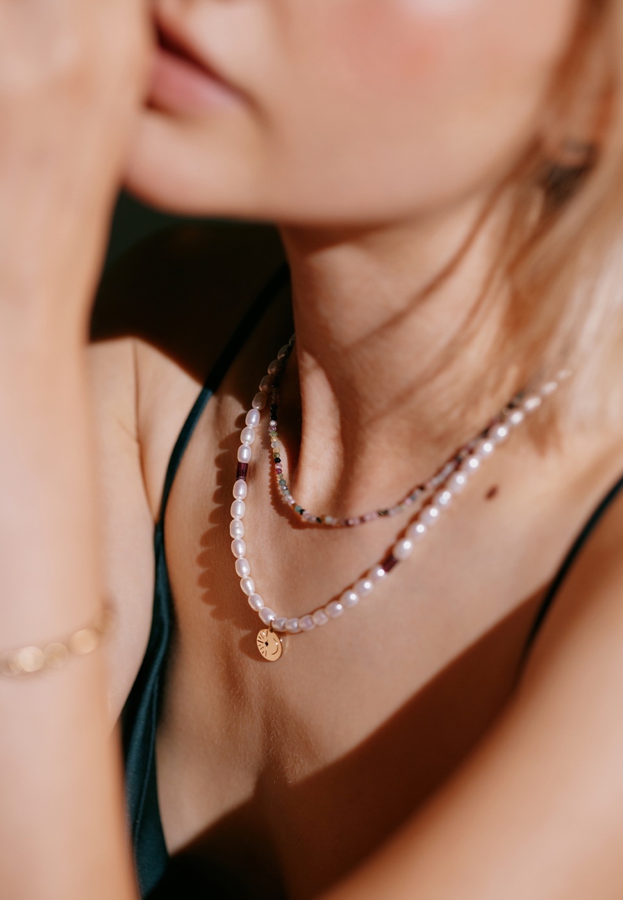 Tesouro Beaded Necklace with Moonlight 18ct Gold Charm